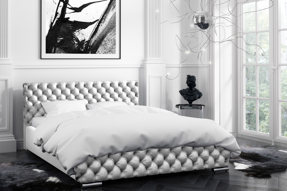 Nowoczesne łóżko tapicerowane z pikowaniem